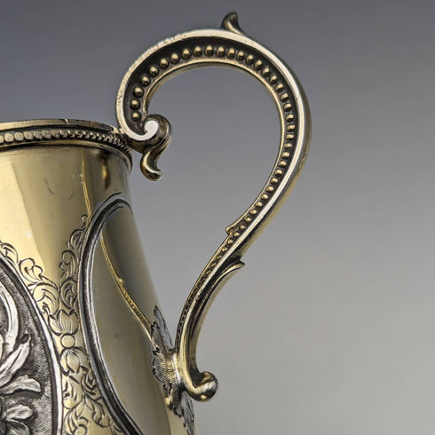 1867年 英国アンティーク 純銀ゴールド装飾 花彫刻マグカップ 150g